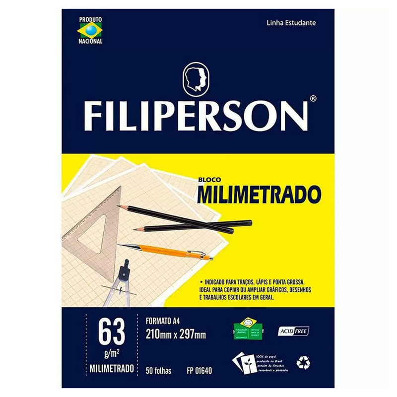 Bloco milimetrado a4 63g com 50 folhas branco - 01640 - FILIPERSON
