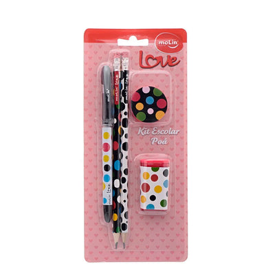 Kit Escolar 2 Lápis + Caneta + Apontador Love Poa - Molin