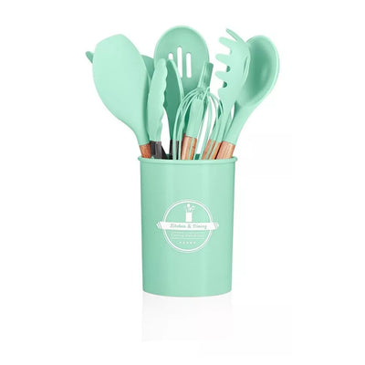 Conjunto De Utensílios De Cozinha De Silicone Cabo de Madeira - 12 Peças