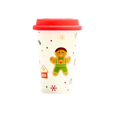 Copo Cerâmica Café Natalino Com Tampa 400ml