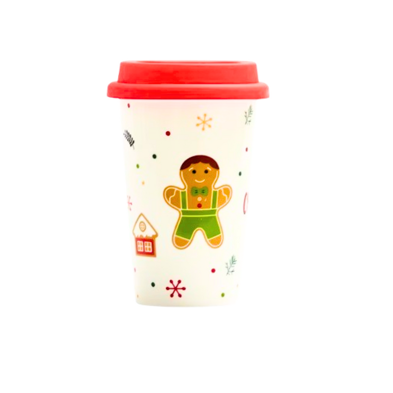 Copo Cerâmica Café Natalino Com Tampa 400ml