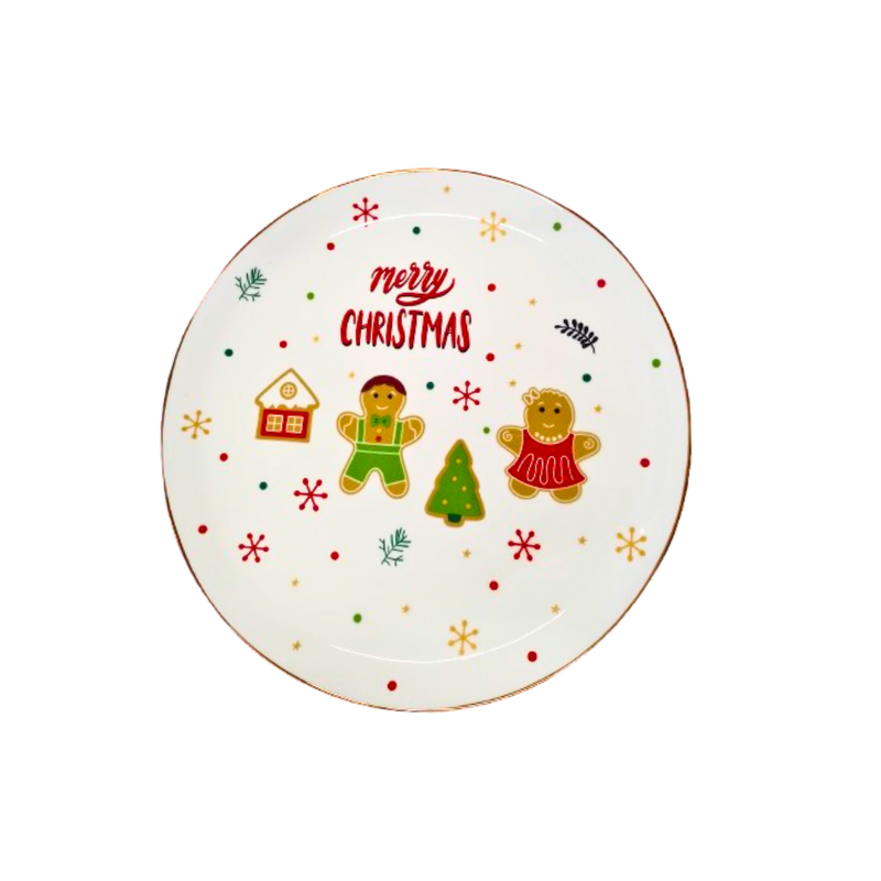 Prato Natalino Cerâmica Com Borda Dourada Merry Christmas
