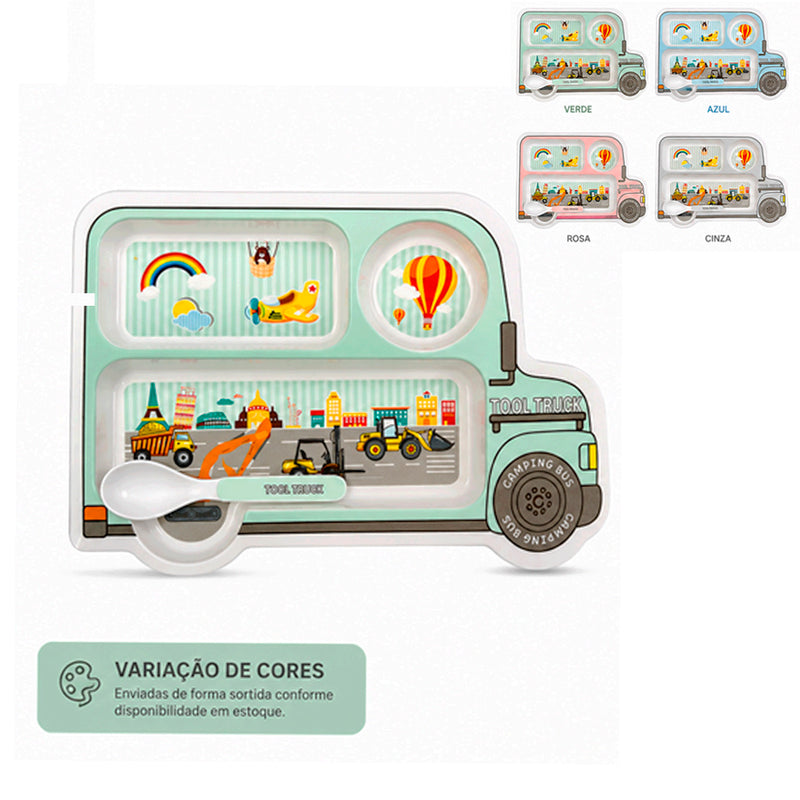Prato Divisória Infantil Modelo Ônibus com Colher - Cores Sortidas