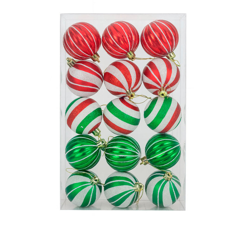 Kit 15 Bolas de Natal Decoradas Vermelhas, Verdes e Brancas com Glitter - 6cm