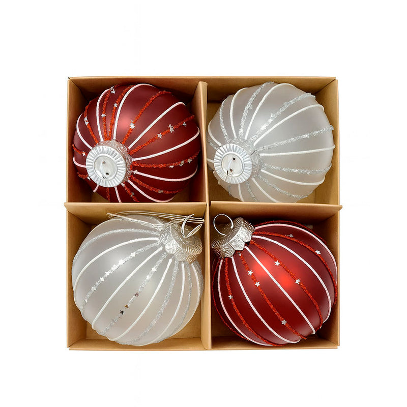 Kit 4 Bolas de Natal Vermelhas e Prateadas com Glitter e Estrelas - 8cm