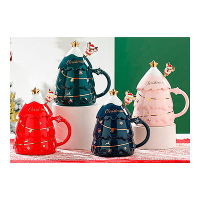 Caneca Natalina Árvore de Natal com Tampa e Mexedor - Cores Diversas