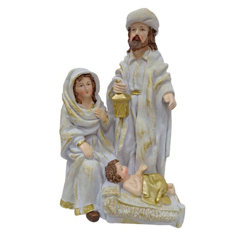 Presépio Sagrada Família - Detalhes Dourados e Roupas Brancas - 25cm