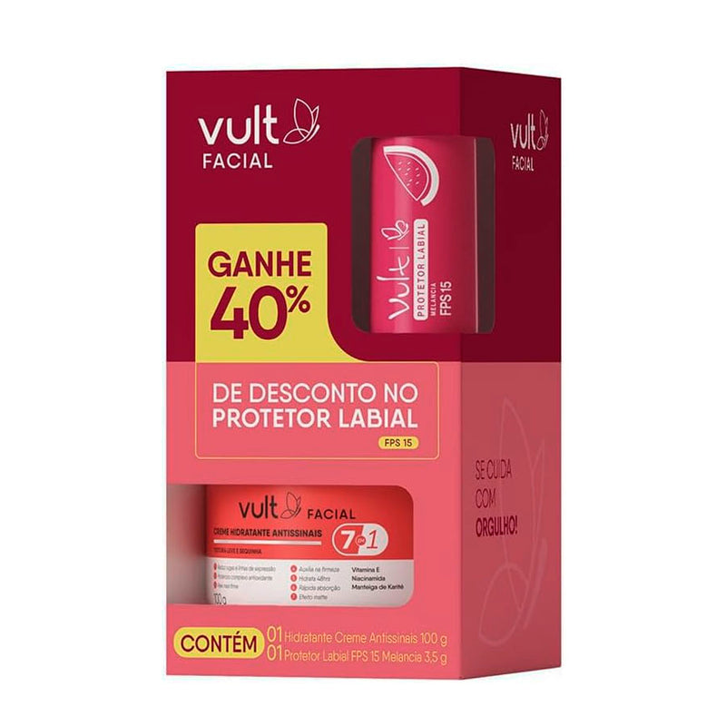 Kit Vult Facial Creme Hidratante Antissinais 100 g + Protetor Labial FPS15 Melancia 3,5 g