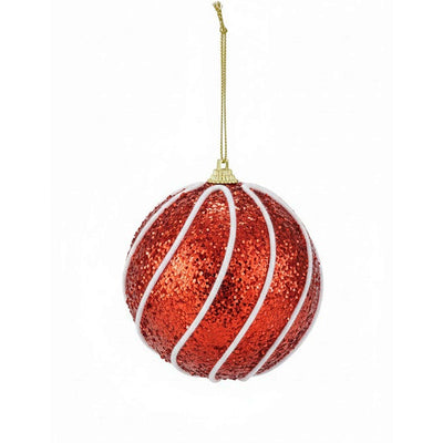 Kit 6 Bolas de Natal Vermelhas com Glitter e Linhas Brancas em Relevo - 10cm