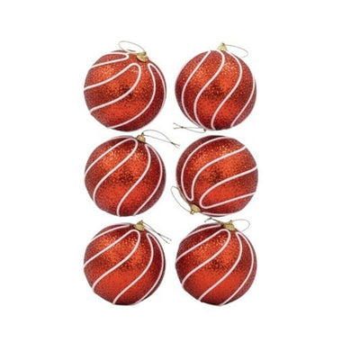 Kit 6 Bolas de Natal Vermelhas com Glitter e Linhas Brancas em Relevo - 10cm