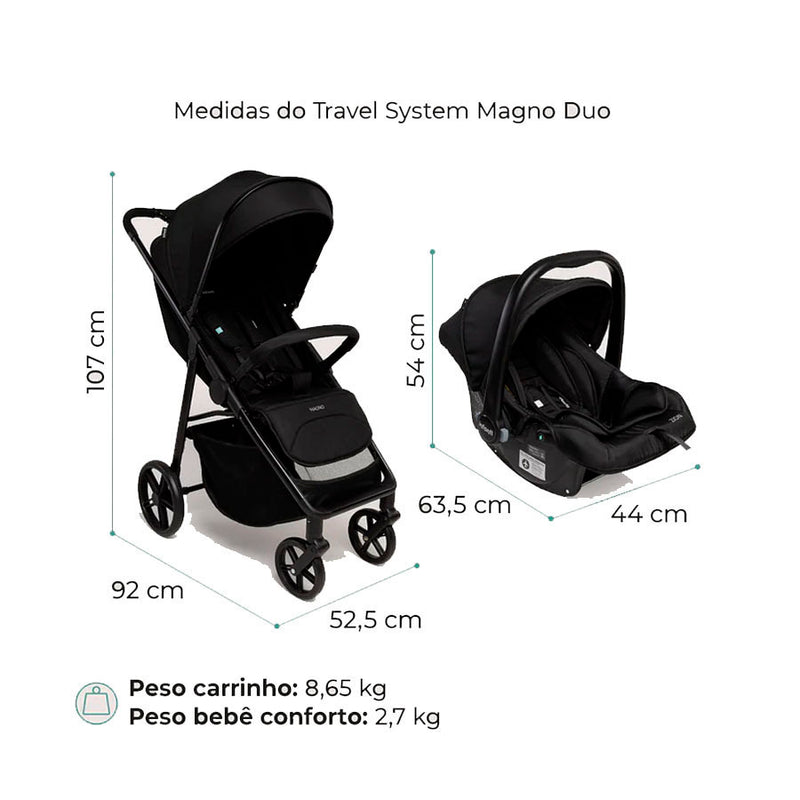 Carrinho Travel System Magno Duo Preto Infinito + Bebê Conforto Zion - Infanti
