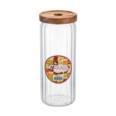 Pote Hermético de Vidro Canelado com Tampa de Madeira AZ Glass - 1,3L