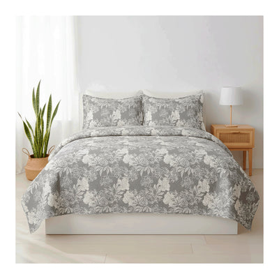 Colcha Cobre Leito King Flora Cinza - 3 Peças