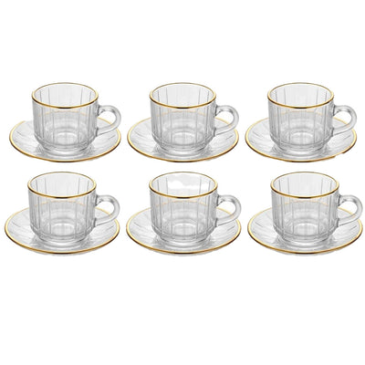 Jogo de Xícaras Com Pires Vidro Canelado Fio Dourado Deli Glass - 12 Peças
