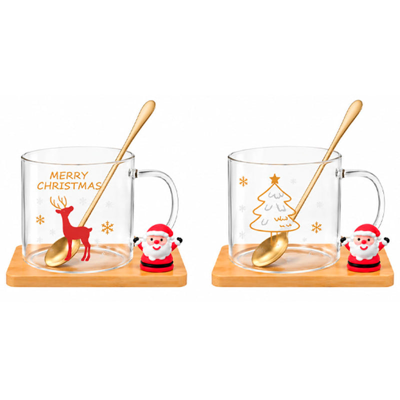 Caneca de Vidro Natalina com Colher e Base de Madeira