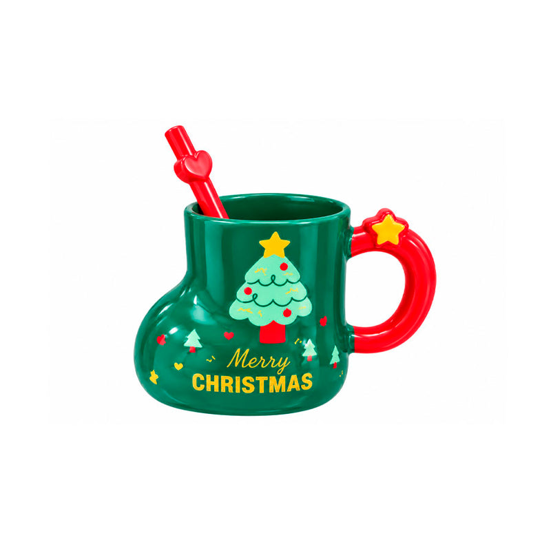 Caneca Natalina Bota de Cerâmica com Canudo Decorativo