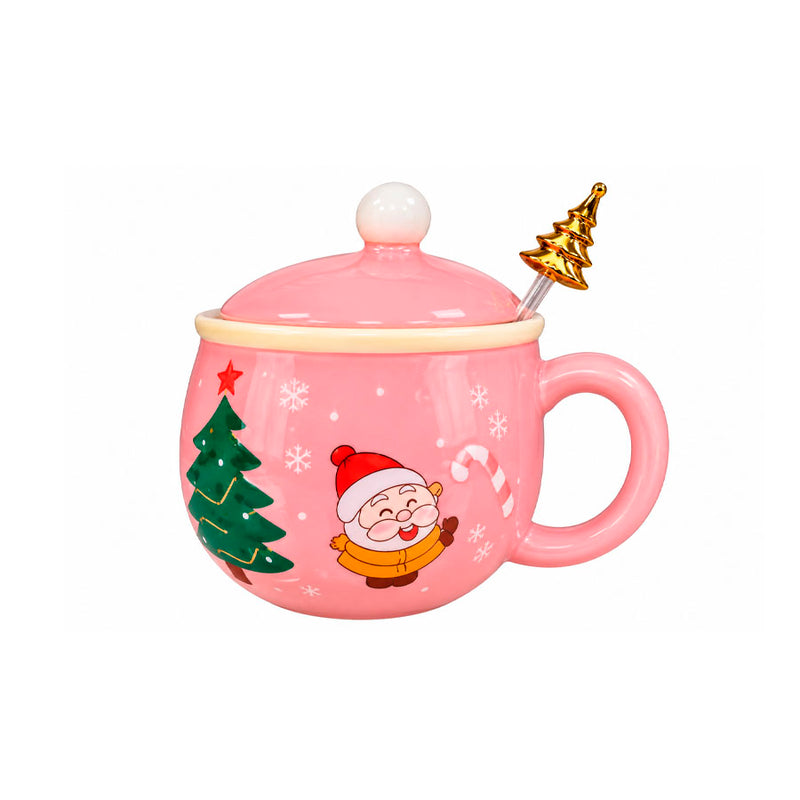 Caneca Natalina Bola de Cerâmica com Tampa e Colher Decorativa