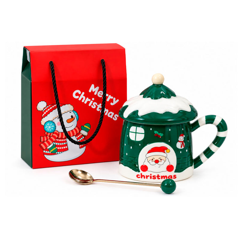 Caneca Natalina com Tampa, Colher e Embalagem para Presente - 300ml