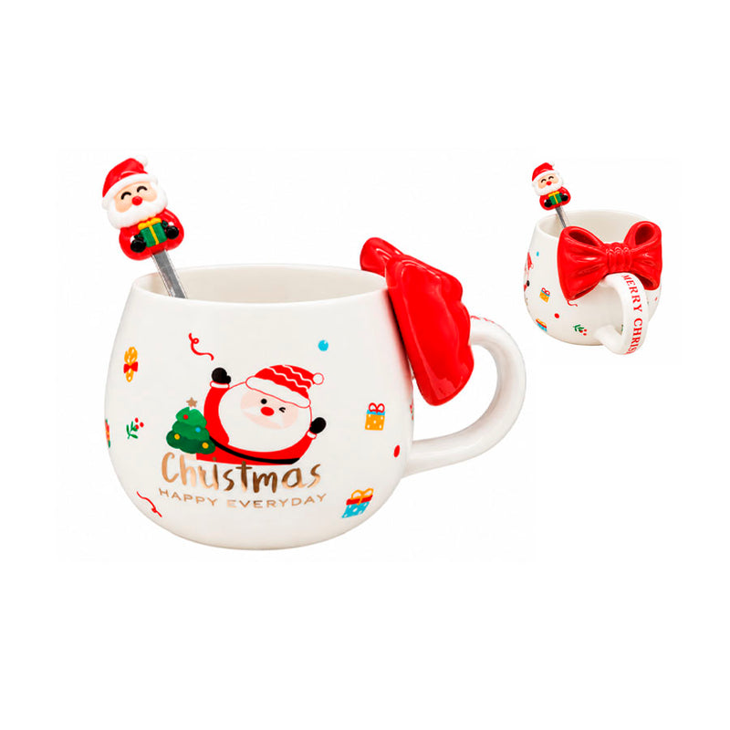 Caneca Natalina de Cerâmica com Laço e Colher – 300ml