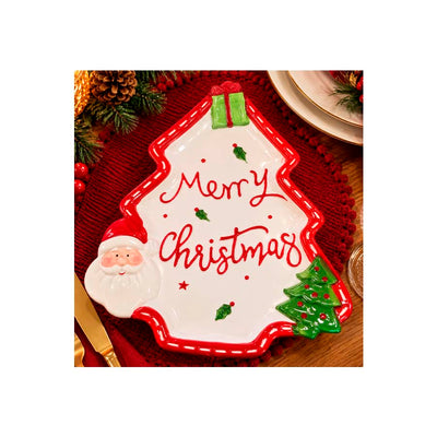Prato Travessa de Cerâmica Formato Árvore de Natal Merry Christmas - 26x22cm