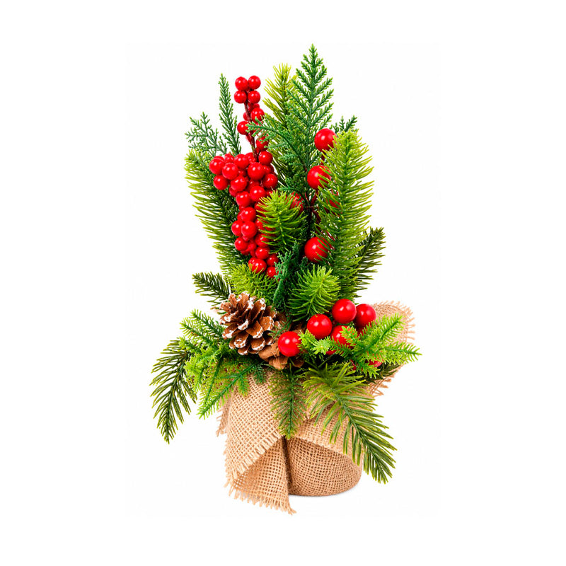 Mini Arranjo Decorativo Natalino com Berries Pinha e Base de Juta