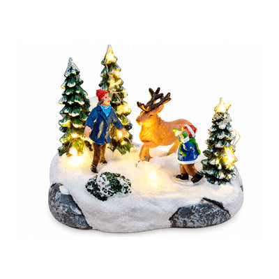 Mini Decoração Vila Nevada Rena e Figuras com LED - 13,5x9cm