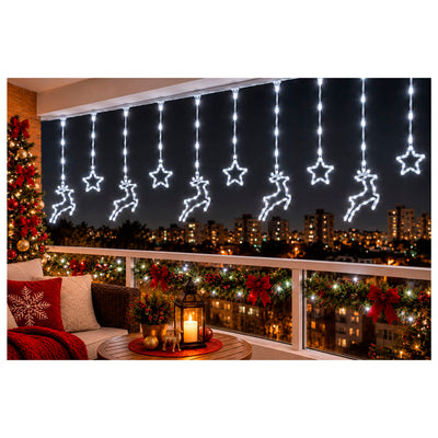 Cortina Led Natalina Estrelas e Renas Branco Frio - 3m