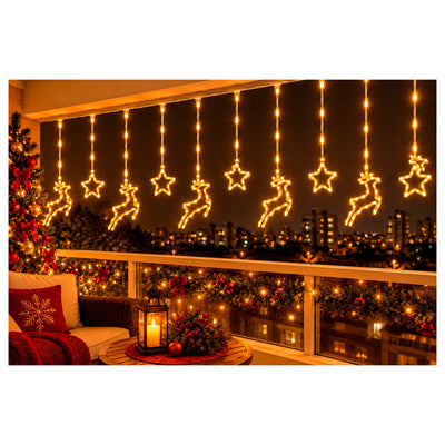 Cortina Led Natalina Estrelas e Renas Amarelo Quente - 3m