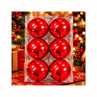 Conjunto de Bolas de Natal Plásticas Vermelhas 12cm - Kit com 6 Peças