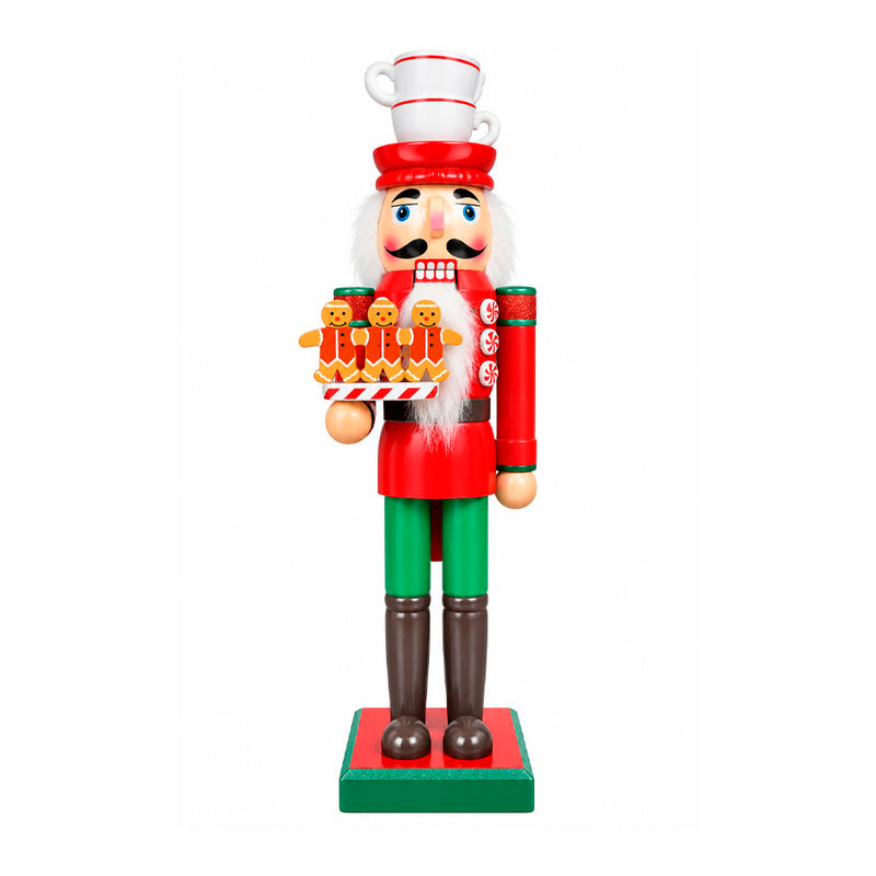 Boneco Quebra-Nozes Decorativo com Chávenas e Bandeja de Biscoitos Gingerbread - 35cm