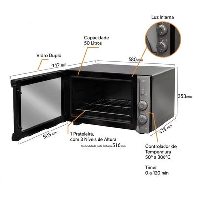 Forno Elétrico de Bancada Mueller MFB50F Espelhado 50L Vidro Duplo - 127v