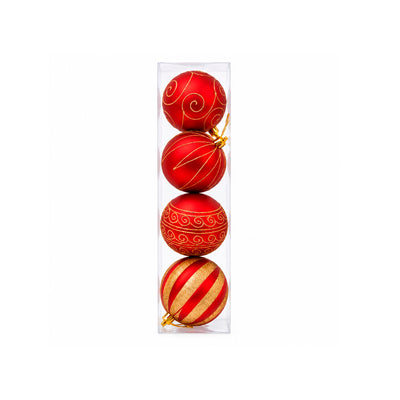 Conjunto de Bolas de Natal Vermelhas com Detalhes Dourados Lines 4 Peças - 8cm