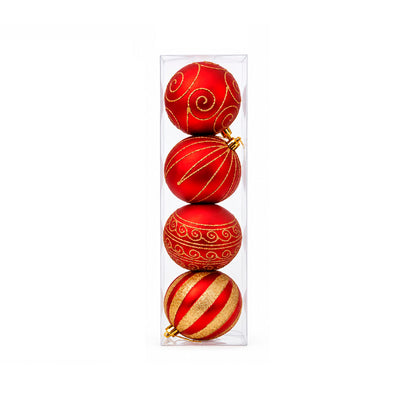 Conjunto de Bolas de Natal Vermelhas com Detalhes Dourados Lines 4 Peças - 12cm
