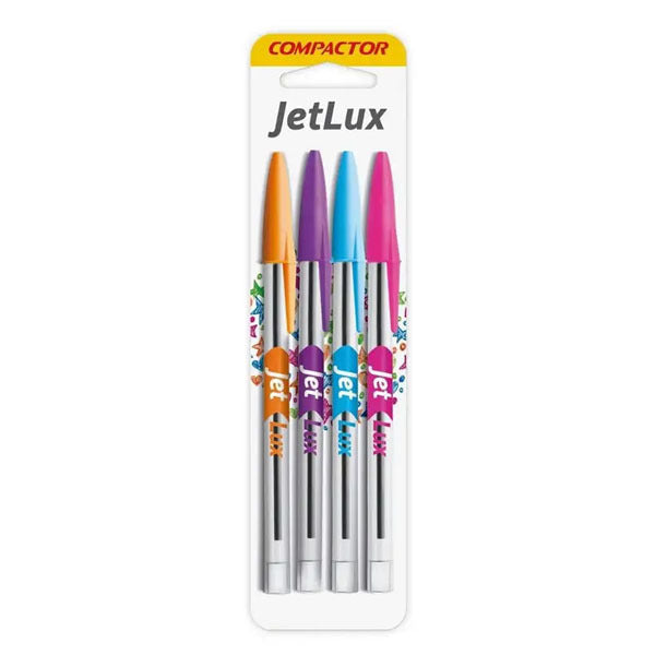 Caneta Esferográfica Compactor Jet Lux Cartela com 4 unidades Coloridas.