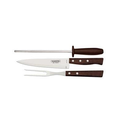 JOGO PARA CHURRASCO TRAMONTINA EM AÇO INOX COM CABO MARROM MADEIRA E POLIPROPILENO 3 PEÇAS