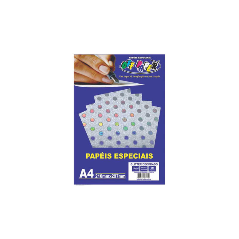Papel Glitter Decorado Prata Com Bolinhas A4 150g 10 folhas Off Paper 10494