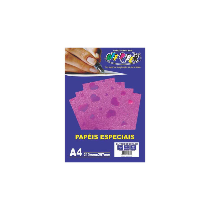 Papel A4 150g 10fls Glitter Rosa Coração Off Paper