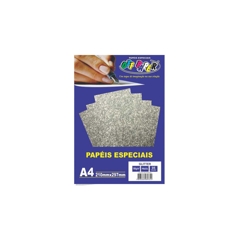 Papel Glitter Prata A4 180g 5 folhas Off Paper 10457