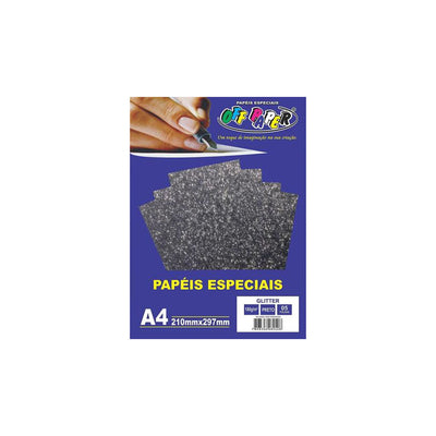 Papel Glitter Preto A4 180g 5 folhas Off Paper - 10456
