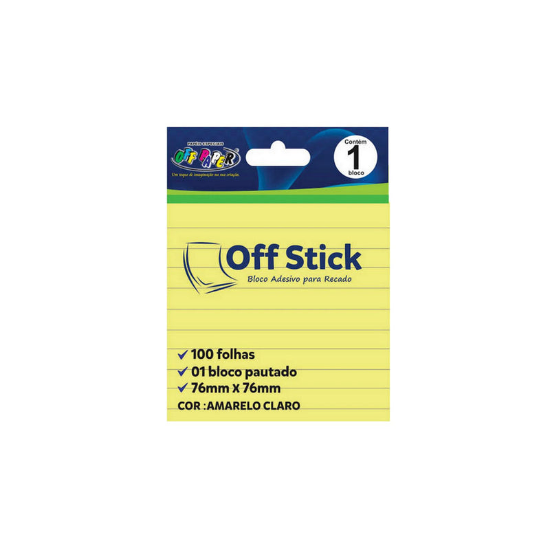 Bloco de Notas Adesivo 76x76mm com 1 Bloco de 100 Folhas Amarelo Pautado - Off Stick - 10504