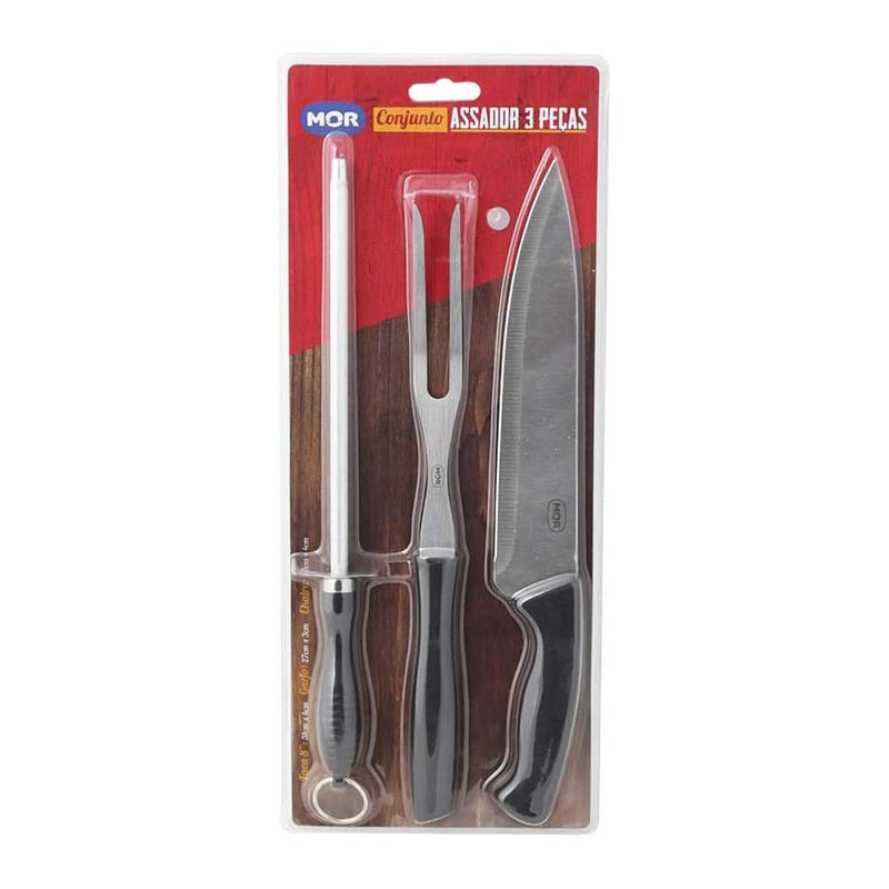 Conjunto Assador 3 Peças Faca Garfo e Chaira - Mor