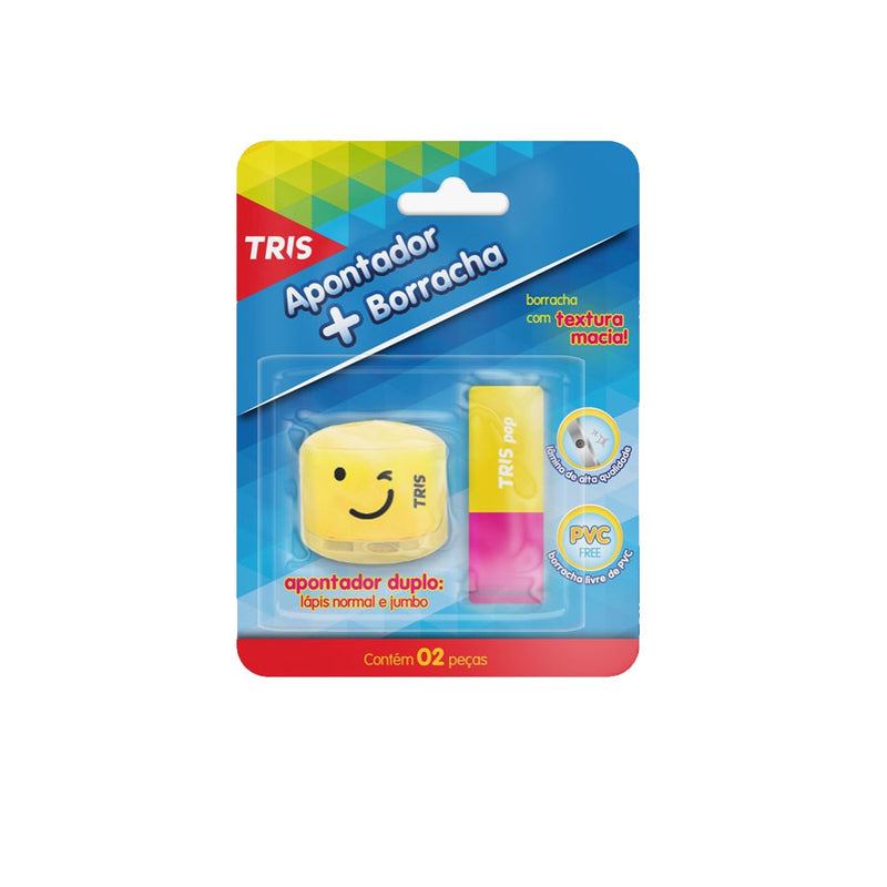 Kit Apontador Com Depósito e Borracha Escolar Tris Pop