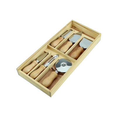 Jogo com 6 peças para queijo em aço inox com caixa de madeira