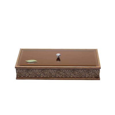CAIXA MADEIRA ComTAMPA VIDRO BISOTÊ ACOBREADO FLORES 34x16x6cm