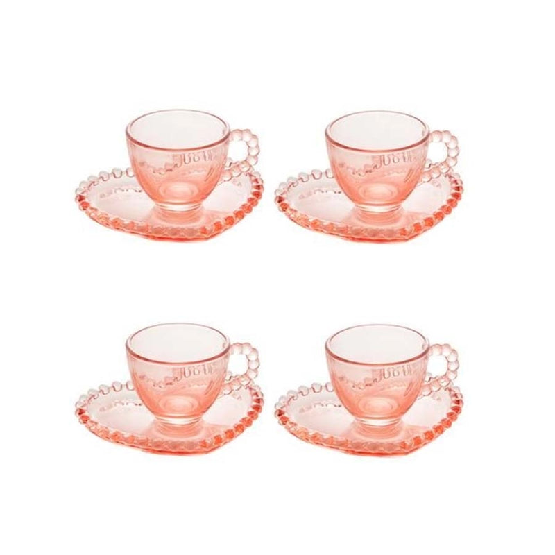 CONJUNTO DE XÍCARAS CAFÉ CRISTAL COM PIRES CORAÇÃO PEARL ROSA 80ml