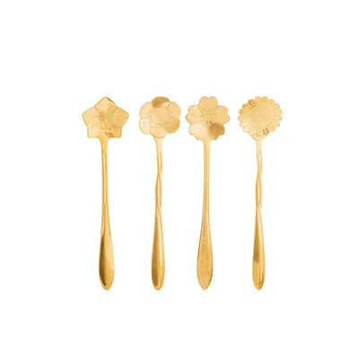 CONJUNTO COM 4 COLHERES em AÇO INOX PARA CHÁ FLORES DOURADO