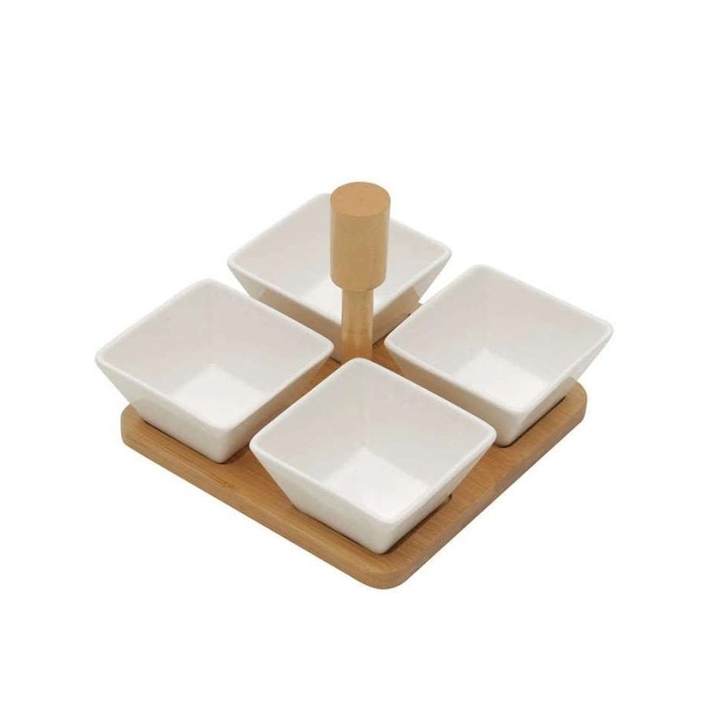CONJUNTO de PETISQUEIRAS PORCELANA COM SUPORTE BAMBU LEAVES 5 peças 15X15X12CM