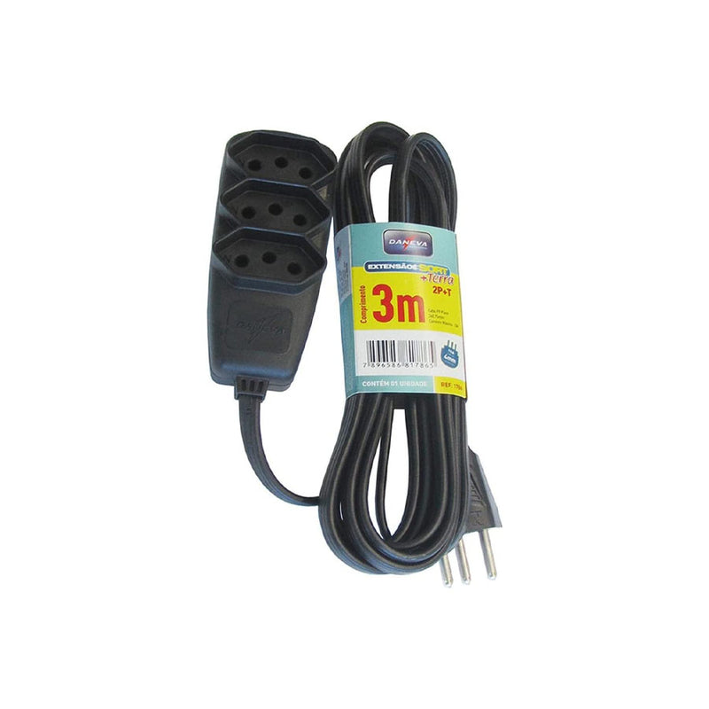 EXTENSÃO SORT PP 3X0,75 2P+T 10A PRETO 3m - Daneva