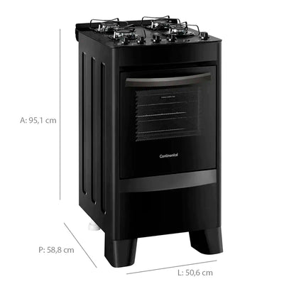 Fogão Continental 4 Bocas FC4VP Automático Mesa de Vidro Forno 57L - Preto