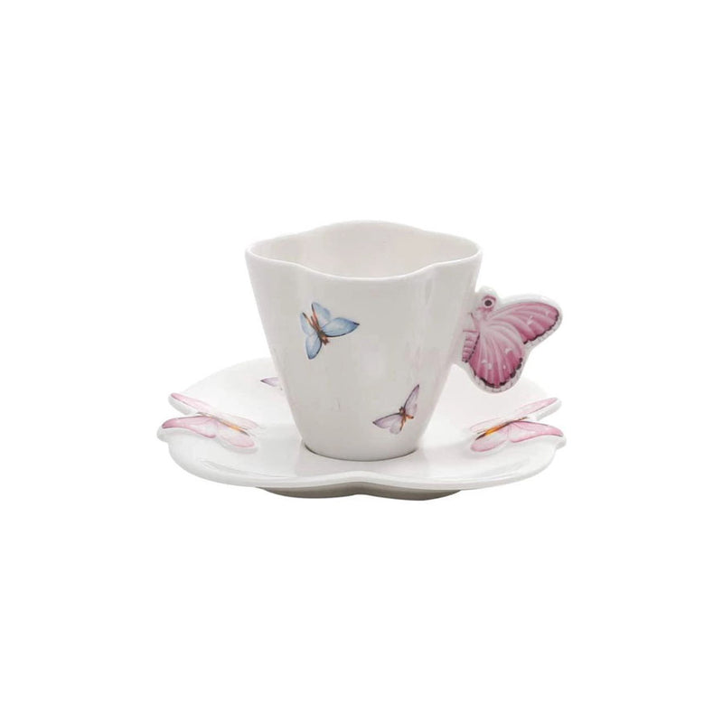 Jogo de 6 Xícaras Porcelana com Pires de Borboletas 100ml